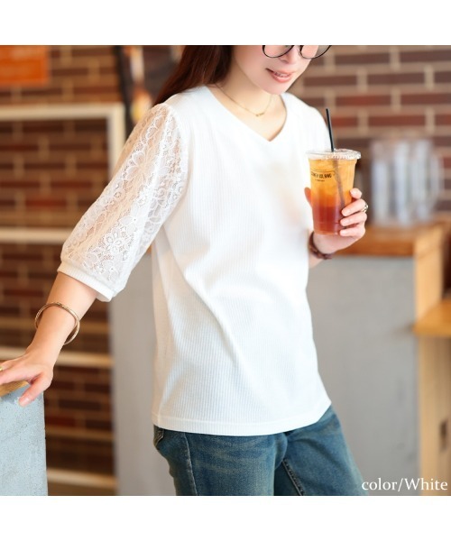 GOLDJAPAN(ゴールドジャパン)の「レース袖切り替えVネックリブトップス【大きいサイズ対応】(Tシャツ/カットソー・レディース・レッド/ホワイト/ブラック・4L/3L/LL/5L)」の8枚目の写真