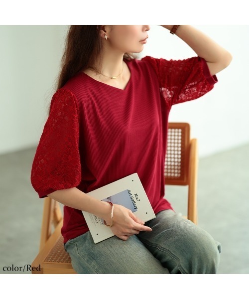 GOLDJAPAN(ゴールドジャパン)の「レース袖切り替えVネックリブトップス【大きいサイズ対応】(Tシャツ/カットソー・レディース・レッド/ホワイト/ブラック・4L/3L/LL/5L)」の11枚目の写真