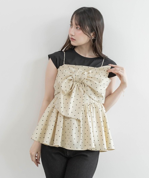 RANDA(ランダ)の「リボンデザインペプラムトップス×カットソーセット(Tシャツ/カットソー・レディース・ホワイト系その他/ブラック/グリーン・0/1)」の1枚目の写真