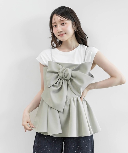 RANDA(ランダ)の「リボンデザインペプラムトップス×カットソーセット(Tシャツ/カットソー・レディース・ホワイト系その他/ブラック/グリーン・0/1)」の3枚目の写真