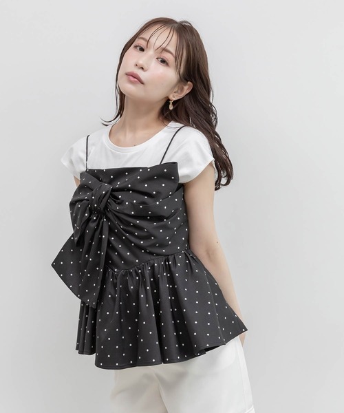 RANDA(ランダ)の「リボンデザインペプラムトップス×カットソーセット(Tシャツ/カットソー・レディース・ホワイト系その他/ブラック/グリーン・0/1)」の2枚目の写真