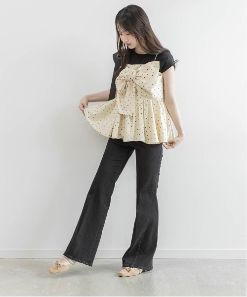 RANDA(ランダ)の「リボンデザインペプラムトップス×カットソーセット(Tシャツ/カットソー・レディース・ホワイト系その他/ブラック/グリーン・0/1)」の4枚目の写真