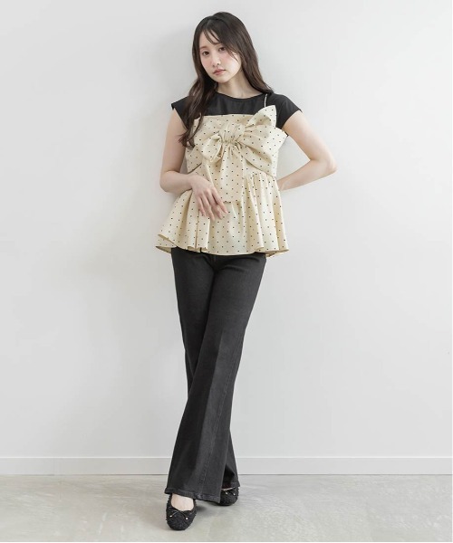 RANDA(ランダ)の「リボンデザインペプラムトップス×カットソーセット(Tシャツ/カットソー・レディース・ホワイト系その他/ブラック/グリーン・0/1)」の6枚目の写真