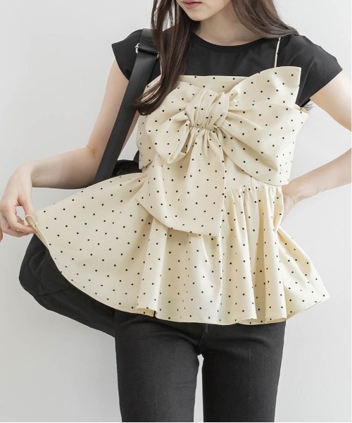 RANDA(ランダ)の「リボンデザインペプラムトップス×カットソーセット(Tシャツ/カットソー・レディース・ホワイト系その他/ブラック/グリーン・0/1)」の7枚目の写真