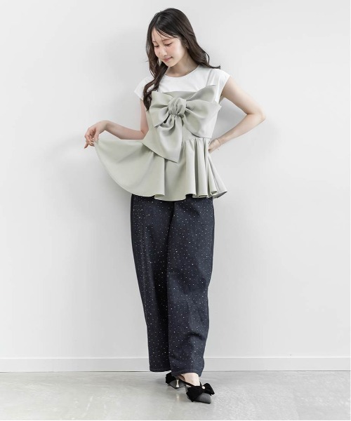 RANDA(ランダ)の「リボンデザインペプラムトップス×カットソーセット(Tシャツ/カットソー・レディース・ホワイト系その他/ブラック/グリーン・0/1)」の16枚目の写真