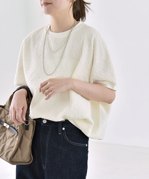 quaranciel(カランシエル)の「quaranciel:〈洗濯機可能〉カットジャカード ルーズ フレンチスリーブ プルオーバー(Tシャツ/カットソー・レディース・オフホワイト/ライトグリーン/ブラック・ONE SIZE)」の6枚目の写真