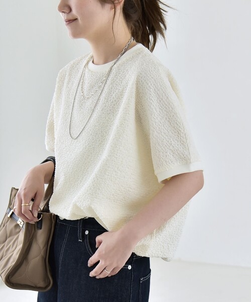 quaranciel(カランシエル)の「quaranciel:〈洗濯機可能〉カットジャカード ルーズ フレンチスリーブ プルオーバー(Tシャツ/カットソー・レディース・オフホワイト/ライトグリーン/ブラック・ONE SIZE)」の14枚目の写真