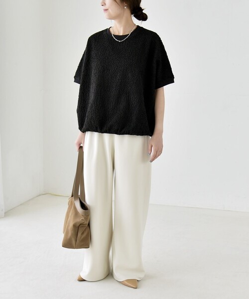 quaranciel(カランシエル)の「quaranciel:〈洗濯機可能〉カットジャカード ルーズ フレンチスリーブ プルオーバー(Tシャツ/カットソー・レディース・オフホワイト/ライトグリーン/ブラック・ONE SIZE)」の15枚目の写真