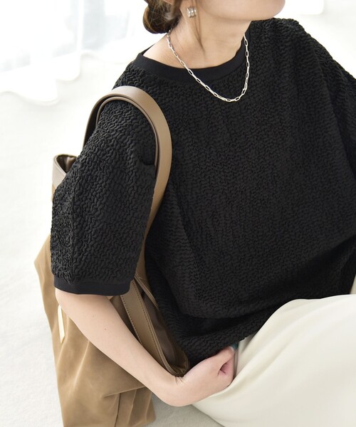 quaranciel(カランシエル)の「quaranciel:〈洗濯機可能〉カットジャカード ルーズ フレンチスリーブ プルオーバー(Tシャツ/カットソー・レディース・オフホワイト/ライトグリーン/ブラック・ONE SIZE)」の17枚目の写真