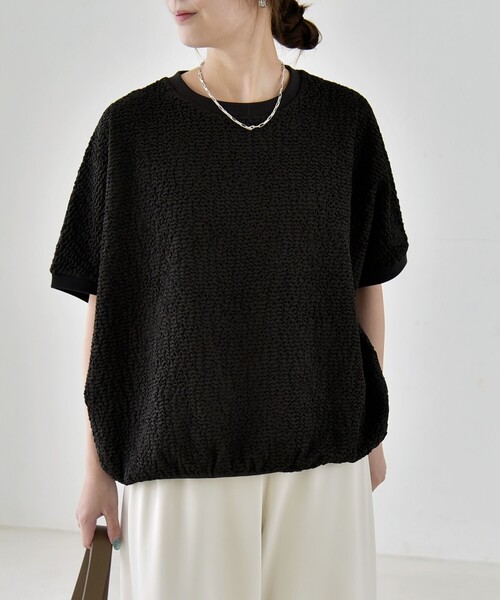 quaranciel(カランシエル)の「quaranciel:〈洗濯機可能〉カットジャカード ルーズ フレンチスリーブ プルオーバー(Tシャツ/カットソー・レディース・オフホワイト/ライトグリーン/ブラック・ONE SIZE)」の18枚目の写真