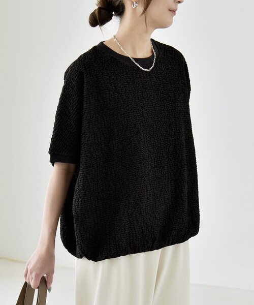 quaranciel(カランシエル)の「quaranciel:〈洗濯機可能〉カットジャカード ルーズ フレンチスリーブ プルオーバー(Tシャツ/カットソー・レディース・オフホワイト/ライトグリーン/ブラック・ONE SIZE)」の19枚目の写真