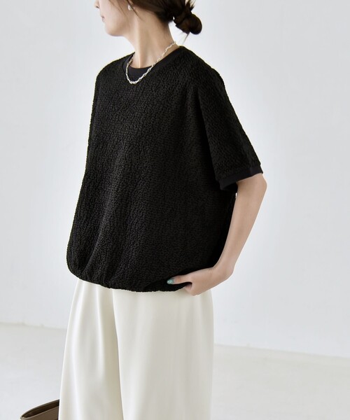 quaranciel(カランシエル)の「quaranciel:〈洗濯機可能〉カットジャカード ルーズ フレンチスリーブ プルオーバー(Tシャツ/カットソー・レディース・オフホワイト/ライトグリーン/ブラック・ONE SIZE)」の22枚目の写真