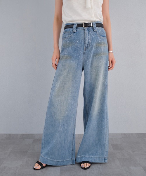 murea(ミュレア)の「フロントラメヴィンテージ加工ワイドデニムパンツ(デニムパンツ・レディース・ライトブルー・M/S)」の1枚目の写真