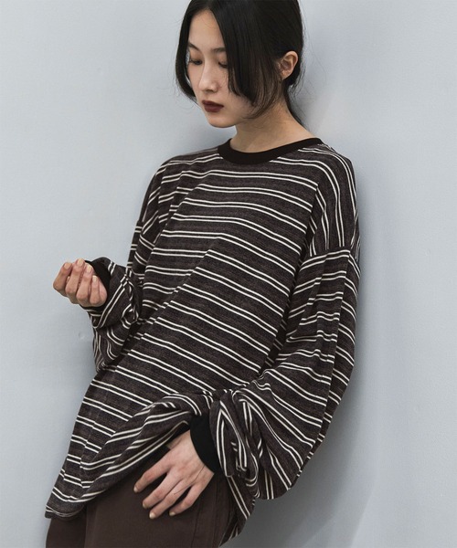 feepur（フェピュール）の「マルチボーダーオーバーロンTee（Tシャツ/カットソー・レディース・チャコールグレー/ブラウン・MEDIUM）」の11枚目の写真