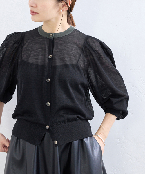 IENA(イエナ)の「LOWER/ローヴァー 18G Tucked power shoulder ニット LW-77(カーディガン/ボレロ・レディース・ネイビー/ブラウン・FREE)」の2枚目の写真