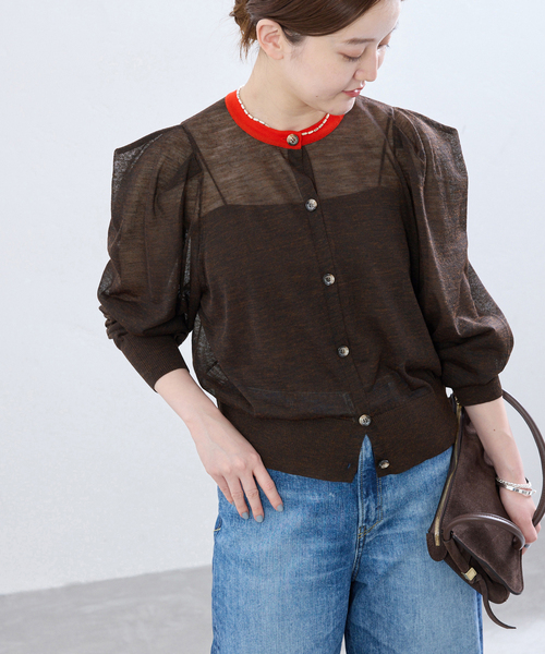 IENA(イエナ)の「LOWER/ローヴァー 18G Tucked power shoulder ニット LW-77(カーディガン/ボレロ・レディース・ネイビー/ブラウン・FREE)」の7枚目の写真