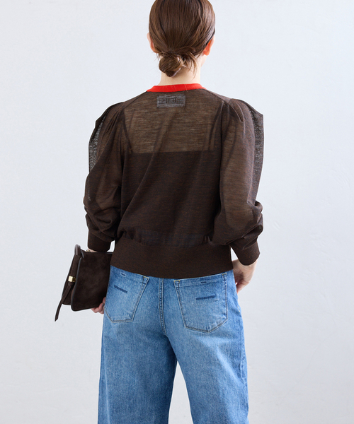 IENA(イエナ)の「LOWER/ローヴァー 18G Tucked power shoulder ニット LW-77(カーディガン/ボレロ・レディース・ネイビー/ブラウン・FREE)」の5枚目の写真