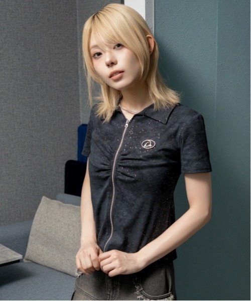 GORGE(ゴージ)の「《ラメ加工・フロントシャーリング》ダブルジップカットソー/Y2K×ギャル/春夏秋/全3色(Tシャツ/カットソー・レディース・ブラック/オフホワイト/グリーン・F)」の11枚目の写真