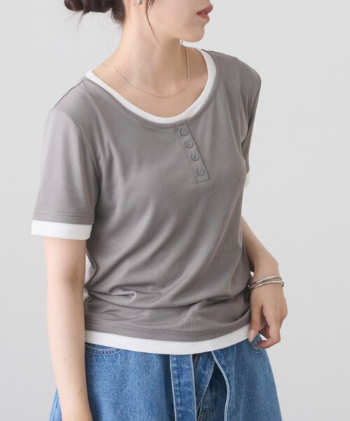 COLONY 2139(コロニートゥーワンスリーナイン)の「レイヤード風ヘンリーネックTシャツ(Tシャツ/カットソー・レディース・グレー/ブラック・FREE)」の17枚目の写真