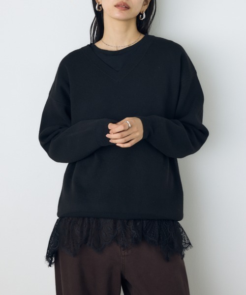 AZUL by moussy(アズールバイマウジー)の「洗濯OK♪【セットアップ対応】大人気シリーズ!【着丈バリエ】格上げVネックニット 秋服 冬服 暖かい 長袖 2サイズ展開 体系カバー お尻が隠れる ウォッシャブルニット(ニット/セーター・レディース・ブラウン/ブラック/杢グレー/ブルー/イエロー/オフホワイト・MEDIUM/SMALL)」の2枚目の写真