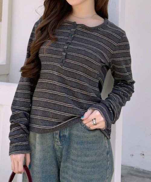 Ada.（エイダ）の「マルチボーダー ヘンリーネック カットソー（Tシャツ/カットソー・レディース・ブルー/イエロー/ボルドー/グレー・FREE）」の17枚目の写真