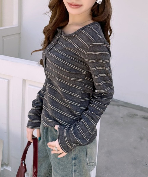 Ada.（エイダ）の「マルチボーダー ヘンリーネック カットソー（Tシャツ/カットソー・レディース・ブルー/イエロー/ボルドー/グレー・FREE）」の19枚目の写真