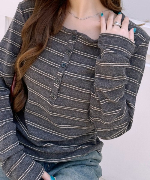 Ada.（エイダ）の「マルチボーダー ヘンリーネック カットソー（Tシャツ/カットソー・レディース・ブルー/イエロー/ボルドー/グレー・FREE）」の22枚目の写真