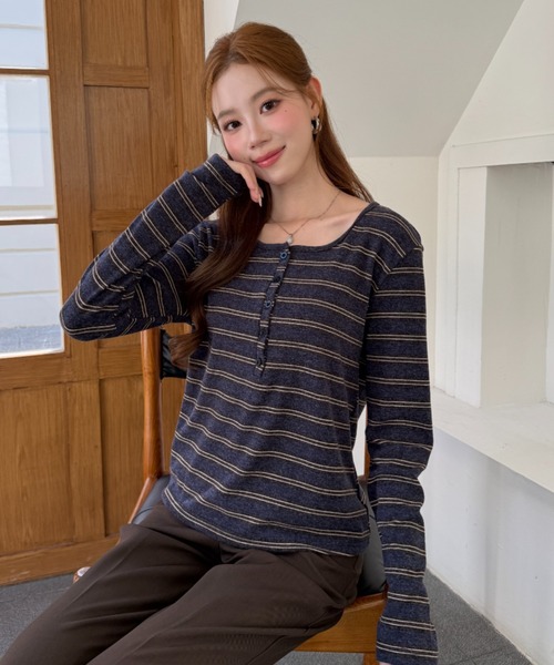 Ada.（エイダ）の「マルチボーダー ヘンリーネック カットソー（Tシャツ/カットソー・レディース・ブルー/イエロー/ボルドー/グレー・FREE）」の14枚目の写真