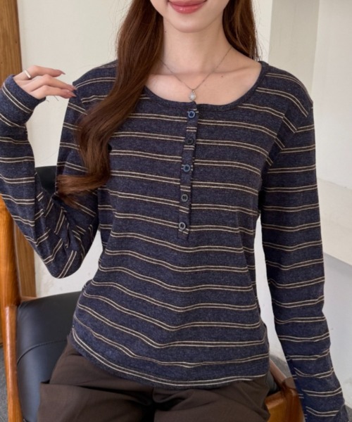 Ada.（エイダ）の「マルチボーダー ヘンリーネック カットソー（Tシャツ/カットソー・レディース・ブルー/イエロー/ボルドー/グレー・FREE）」の15枚目の写真