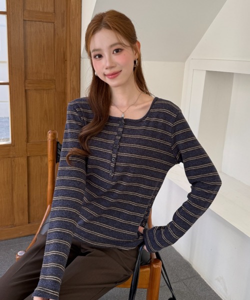 Ada.（エイダ）の「マルチボーダー ヘンリーネック カットソー（Tシャツ/カットソー・レディース・ブルー/イエロー/ボルドー/グレー・FREE）」の11枚目の写真