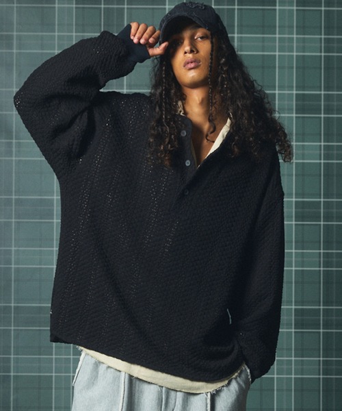 MAISON SPECIAL(メゾンスペシャル)の「《UNISEX》コットンバルファレースプライムオーバーヘンリーネックロングスリーブニットTシャツ/Cotton Barfu Lace Prime-Over Henley Neck Long Sleeve Knit T-shirt【MAISON SPECIAL/メゾンスペシャル】(Tシャツ/カットソー・メンズ・ブラック/アイボリー/オレンジ・1/0/2)」の3枚目の写真