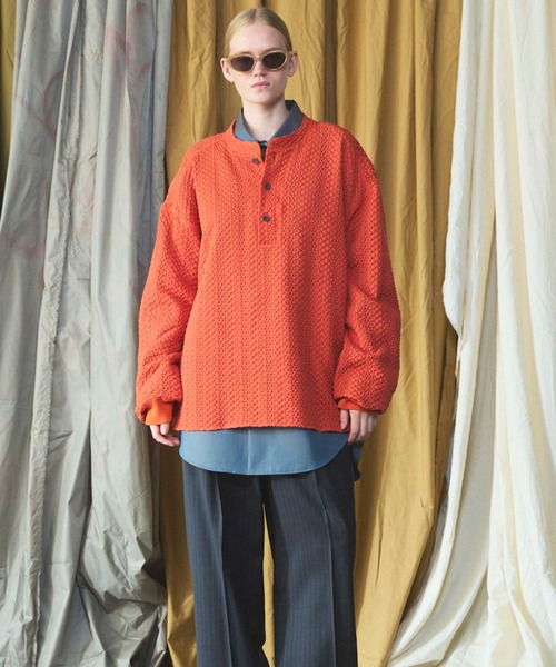 MAISON SPECIAL(メゾンスペシャル)の「《UNISEX》コットンバルファレースプライムオーバーヘンリーネックロングスリーブニットTシャツ/Cotton Barfu Lace Prime-Over Henley Neck Long Sleeve Knit T-shirt【MAISON SPECIAL/メゾンスペシャル】(Tシャツ/カットソー・メンズ・ブラック/アイボリー/オレンジ・1/0/2)」の9枚目の写真