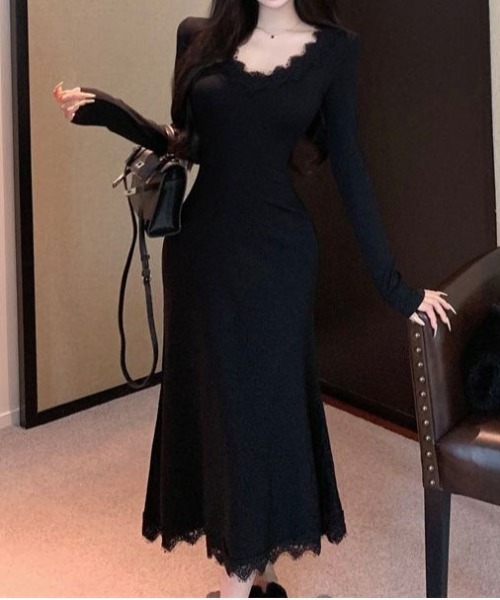 ＆soiree（アンドソワレ）の「レースドッキングタイトニットワンピース（ワンピース・レディース・ブラック/ブラウン・MEDIUM/LARGE/X-LARGE/SMALL）」の6枚目の写真