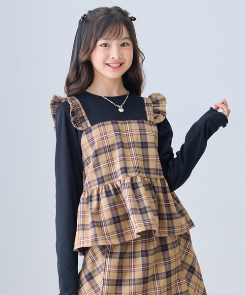 セール】チェック柄 ペプラム ドッキング Tシャツ 長袖 カットソー