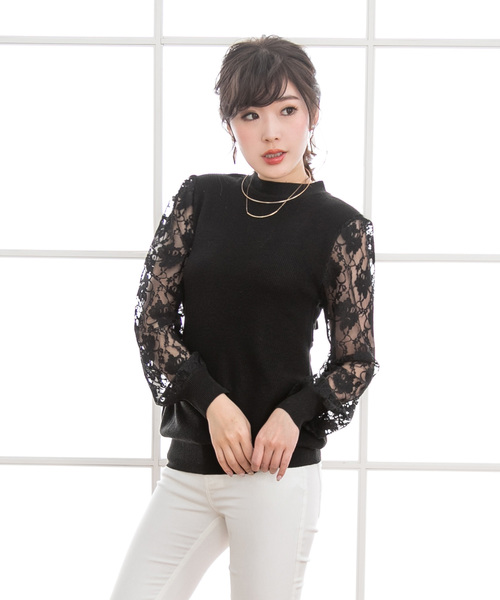 夢展望(ユメテンボウ)の「バックリボン背中開き袖レースニットトップス(ニット/セーター・レディース・ホワイト/ブラック/ピンク・MEDIUM/LARGE/X-LARGE)」の1枚目の写真