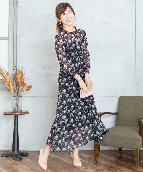 Prima Scherrer(プリマシェレル)の「レース スタンドカラー フラワー & ドット プリント ロング ワンピース Prima Scherrer(ワンピース・レディース・ブラック/ネイビー/アイボリー/サーモンピンク・F)」の4枚目の写真