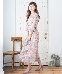 レース スタンドカラー フラワー & ドット プリント ロング ワンピース Prima Scherrer