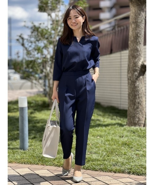 Perfect Suit FActory（パーフェクトスーツファクトリー）の「リネンライク　麻調　セットアップ　Wゴムテーパードパンツ　ネイビー/グレー（スーツパンツ・レディース・ネイビー/ライトグレー・L/M）」の3枚目の写真