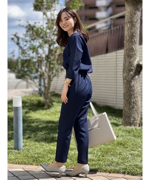 Perfect Suit FActory（パーフェクトスーツファクトリー）の「リネンライク　麻調　セットアップ　Wゴムテーパードパンツ　ネイビー/グレー（スーツパンツ・レディース・ネイビー/ライトグレー・L/M）」の4枚目の写真
