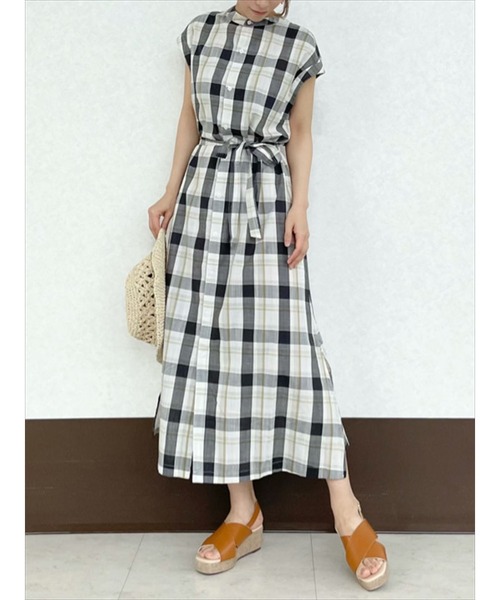 Te chichi TERRASSE（テチチテラス）の「綿麻マドラスチェック前開きワンピース（ワンピース・レディース・ブルー/ブラック/モカ・ﾌﾘ-）」の2枚目の写真