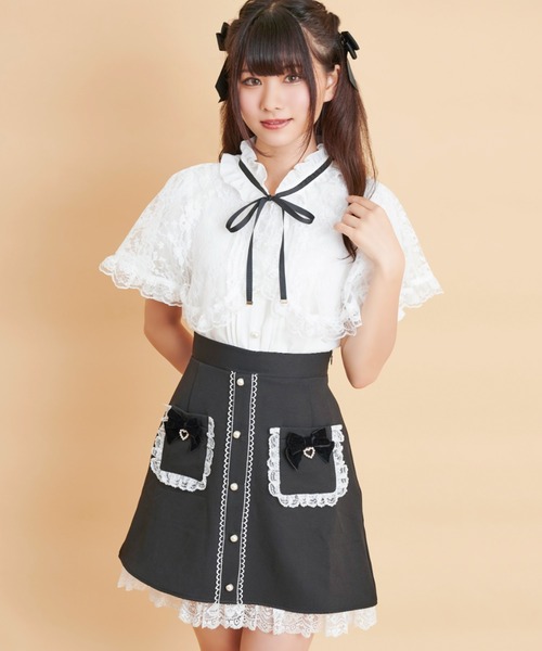 Secret Honey（シークレットハニー）の「フリルポケット配色台形スカート（スカート・レディース・ピンク/ブラック/グレー・MEDIUM）」の2枚目の写真