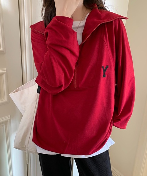 Diosfront（ディオスフロント）の「フロントジップハイネックワンポイント刺繍スウェットトレーナー（スウェット・レディース・ライトグレー/ネイビー/マスタード/ブルーグリーン/ボルドー/パープル/ブラック/グリーン・M/L/XL）」の14枚目の写真