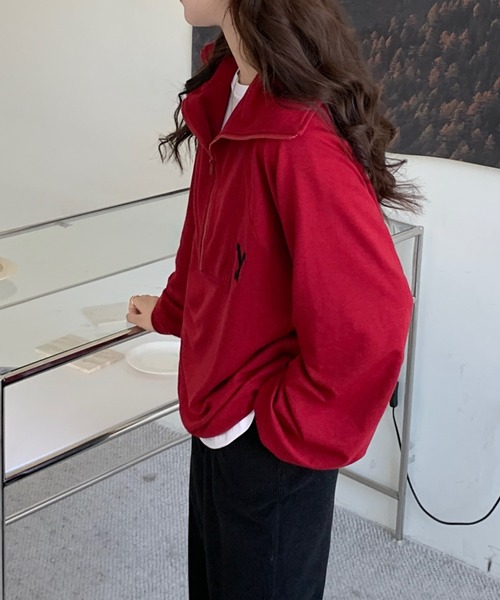 Diosfront（ディオスフロント）の「フロントジップハイネックワンポイント刺繍スウェットトレーナー（スウェット・レディース・ライトグレー/ネイビー/マスタード/ブルーグリーン/ボルドー/パープル/ブラック/グリーン・M/L/XL）」の15枚目の写真