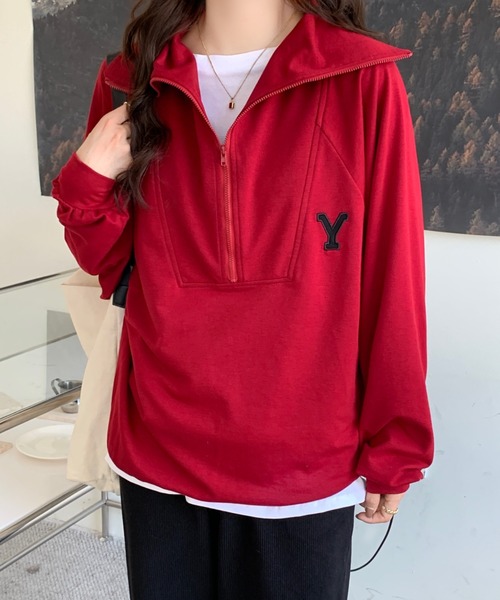 Diosfront（ディオスフロント）の「フロントジップハイネックワンポイント刺繍スウェットトレーナー（スウェット・レディース・ライトグレー/ネイビー/マスタード/ブルーグリーン/ボルドー/パープル/ブラック/グリーン・M/L/XL）」の17枚目の写真