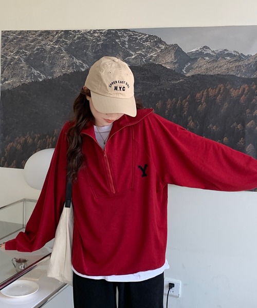 Diosfront（ディオスフロント）の「フロントジップハイネックワンポイント刺繍スウェットトレーナー（スウェット・レディース・ライトグレー/ネイビー/マスタード/ブルーグリーン/ボルドー/パープル/ブラック/グリーン・M/L/XL）」の19枚目の写真