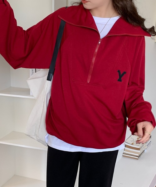 Diosfront（ディオスフロント）の「フロントジップハイネックワンポイント刺繍スウェットトレーナー（スウェット・レディース・ライトグレー/ネイビー/マスタード/ブルーグリーン/ボルドー/パープル/ブラック/グリーン・M/L/XL）」の20枚目の写真