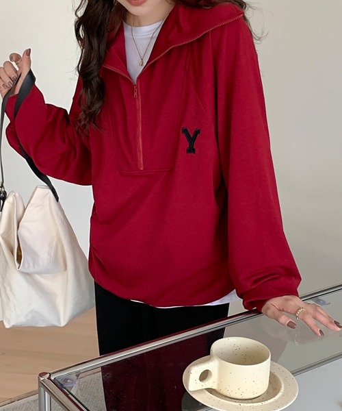 Diosfront（ディオスフロント）の「フロントジップハイネックワンポイント刺繍スウェットトレーナー（スウェット・レディース・ライトグレー/ネイビー/マスタード/ブルーグリーン/ボルドー/パープル/ブラック/グリーン・M/L/XL）」の21枚目の写真