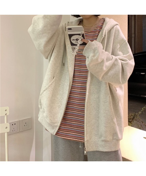 DEVICE（デバイス）の「シンプル レター ロゴ ルーズ オーバーシルエット シンプ ジップパーカー フーディ スウェット トレーナー（パーカー・レディース・グレー/ブラック・FREE）」の3枚目の写真