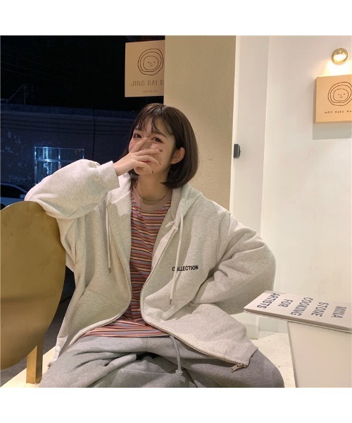 DEVICE（デバイス）の「シンプル レター ロゴ ルーズ オーバーシルエット シンプ ジップパーカー フーディ スウェット トレーナー（パーカー・レディース・グレー/ブラック・FREE）」の7枚目の写真