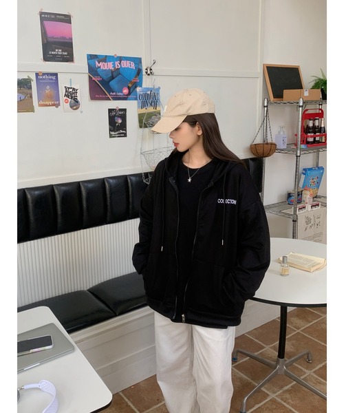 DEVICE（デバイス）の「シンプル レター ロゴ ルーズ オーバーシルエット シンプ ジップパーカー フーディ スウェット トレーナー（パーカー・レディース・グレー/ブラック・FREE）」の16枚目の写真